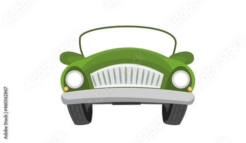 Car. Cartoon comic funny style. Front view. Green Automobile. Auto in flat design. Cabriolet. Childrens illustration. Isolated on white background. Vector