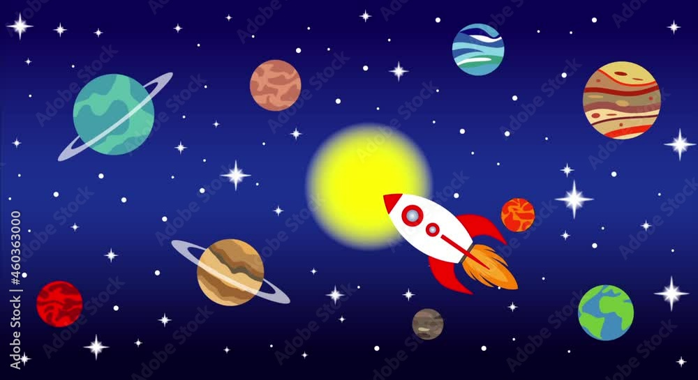 Planets of the Solar System, stars and flying spacecraft on blue background. Galaxy, space, cosmic exploration hd cartoon animation. Planets of the Solar System, stars and flying spacecraft on blue background. Galaxy, space, cosmic exploration hd cartoon animation.