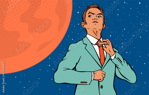 A businessman dreams of flying to the planet Mars. Career, business promotion and space exploration. Vector cartoon pop art illustration