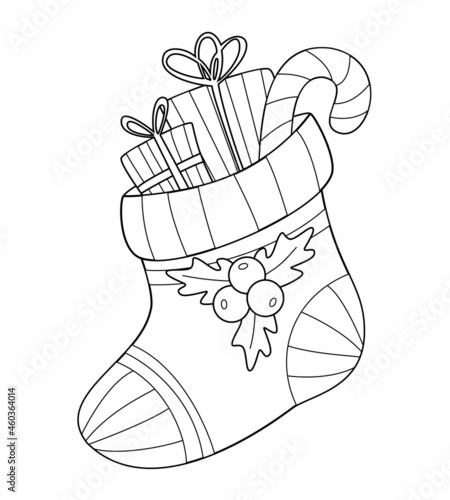 A Christmas sock with gifts and a candy cane. Black and white New Year's drawing for children's coloring. Vector contour illustration in cartoon style for holiday print, postcard design.