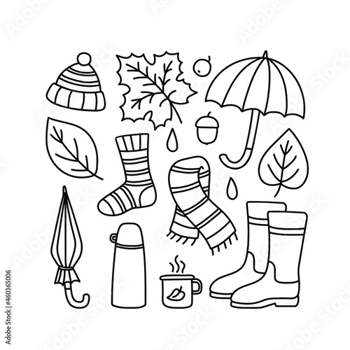 A set of autumn drawings. Contour image of an umbrella, fallen maple leaves, a thermos, a boot, a hat, a scarf, a sock. black drawing of objects for stickers, decor, postcards. Vector fall clipart