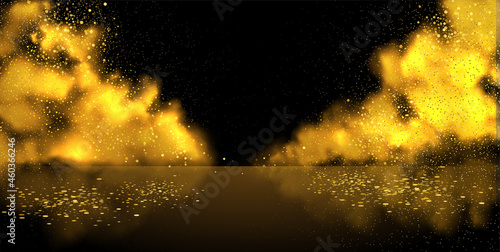 Smoke stage vector background. Abstract gold fog