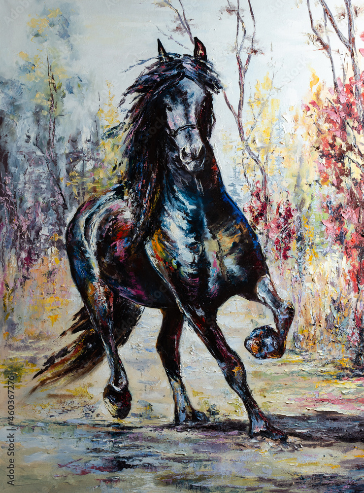 A running dark horse painted with oil paints A running dark horse painted with oil paints