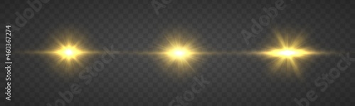 Flare with golden rays of light and magic sparkles. Bright Star. Abstract golden rays will raise. Transparent glitter gradient gloss, bright flash. Gold shining sun with transparent rays. Vector.