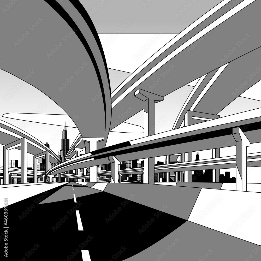 Linear black and white drawing of highway overpass and city skyline