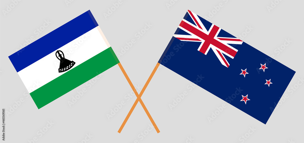Crossed flags of the Kingdom of Lesotho and New Zealand. Official colors. Correct proportion Crossed flags of the Kingdom of Lesotho and New Zealand. Official colors. Correct proportion