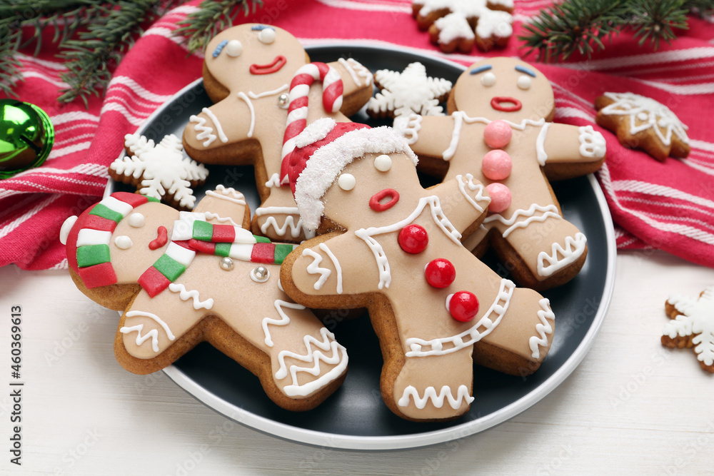 Delicious Christmas cookies on white wooden table, closeup