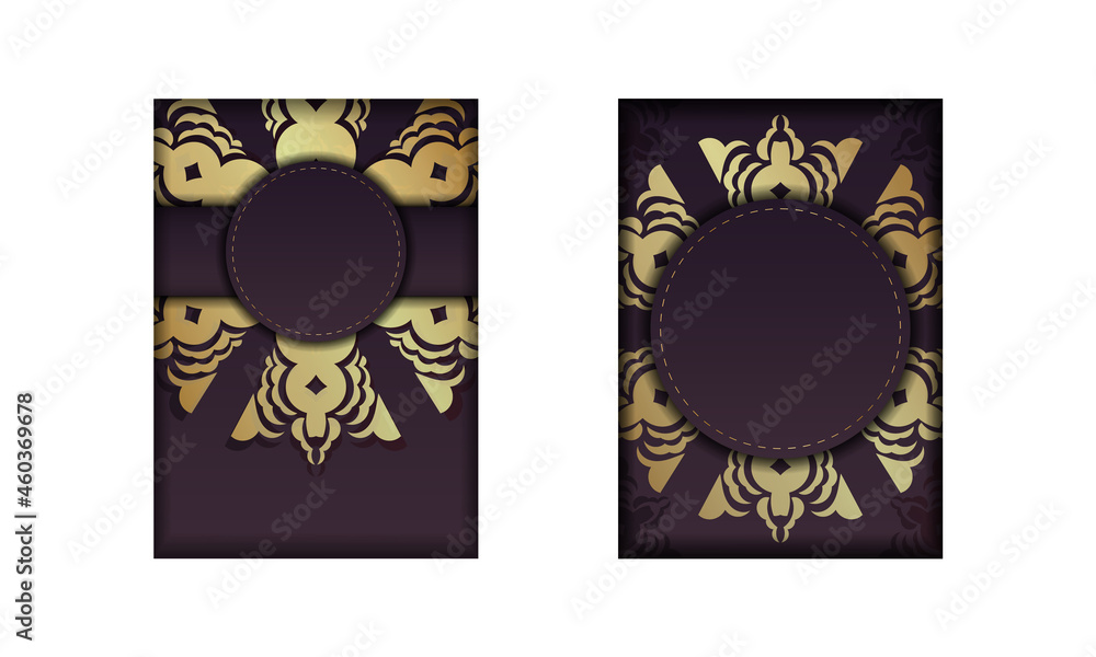 Brochure template in burgundy color with abstract gold ornament ready for printing.