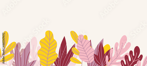 Floral web banner with drawn color exotic leaves. Nature concept design. Modern floral compositions with summer branches. Vector illustration on the theme of ecology, natura, environment