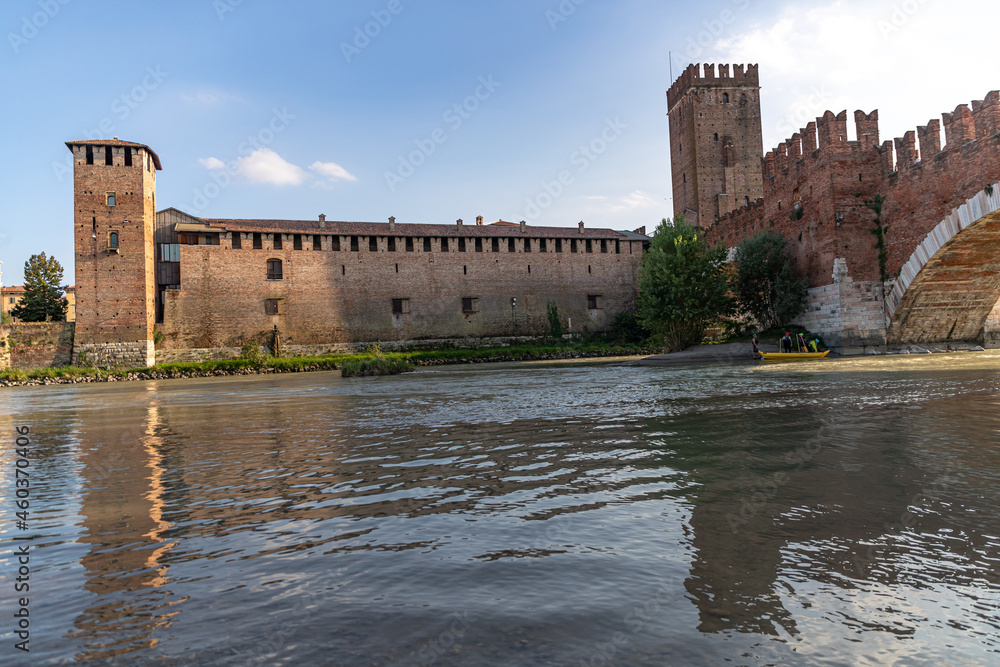 castle in the Verona city, Adige river flowing under the Castelvecchio bridge in Verona