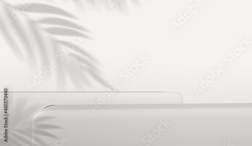 Product display podium stand with shadow nature tropical leaves on white background. 3D rendering