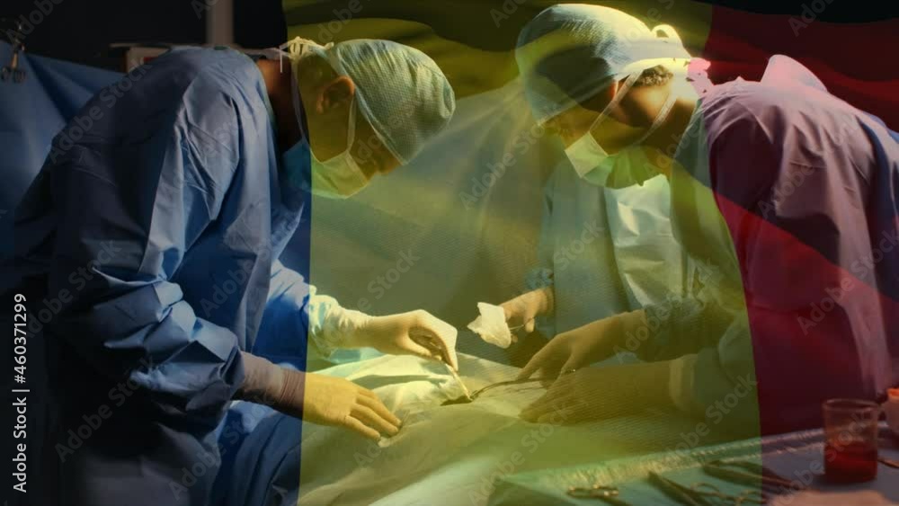 Animation of flag of romania waving over surgeons in operating theatre Animation of flag of romania waving over surgeons in operating theatre