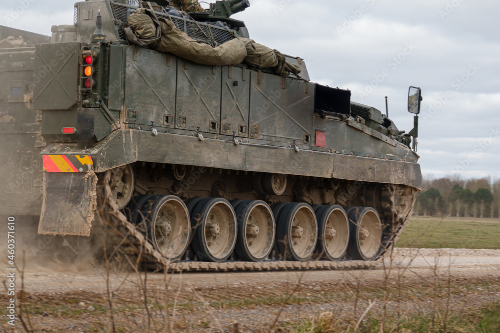 British army Warrior FV512 mechanized recovery vehicle tank in action on military exercise, Salisbury Plain, Wiltshire UK