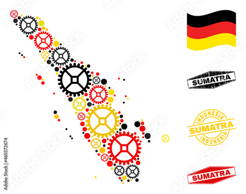 Repair service Sumatra map collage and seals. Vector collage is designed of clock gear elements in variable sizes, and German flag official colors - red, yellow, black.