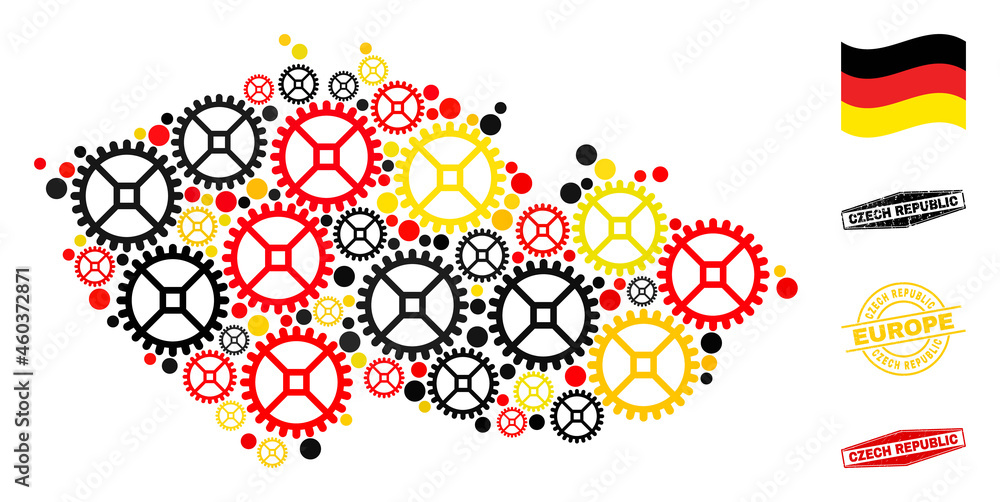 Repair workshop Czech Republic map mosaic and stamps. Vector collage is designed with repair workshop icons in various sizes, and Germany flag official colors - red, yellow, black. Repair workshop Czech Republic map mosaic and stamps. Vector collage is designed with repair workshop icons in various sizes, and Germany flag official colors - red, yellow, black.