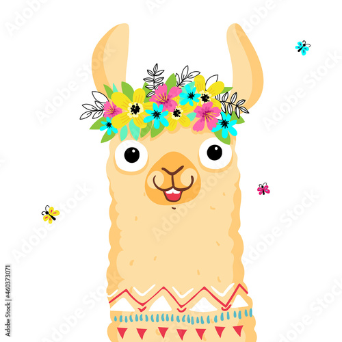 Cute lama character, Flowers wreath on the head, Smiling alpaca. Hola illustration
