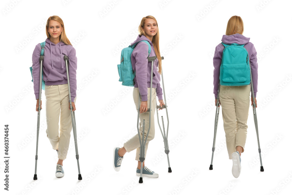 Young woman with axillary crutches on white background, collage Young woman with axillary crutches on white background, collage