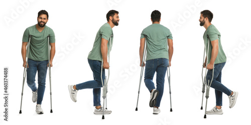 Fototapeta Young man with axillary crutches on white background, collage