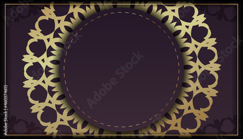 Template Greeting card in burgundy color with vintage gold pattern prepared for printing.