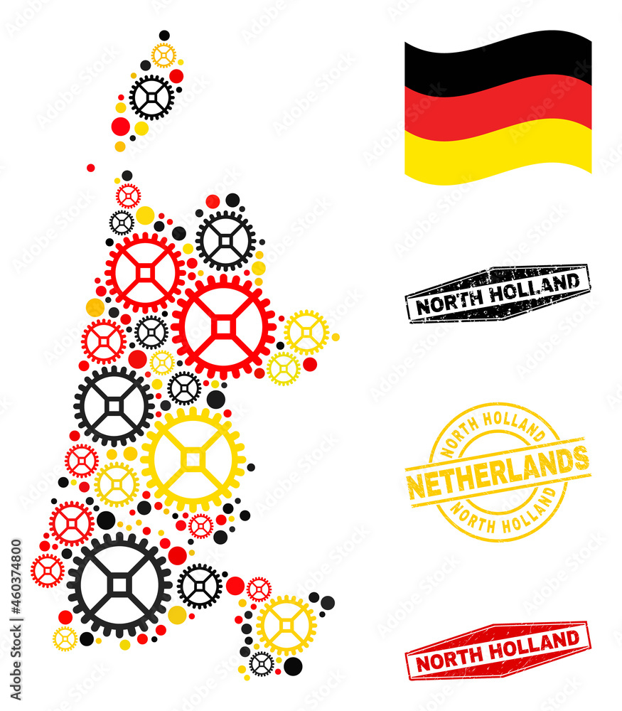 Service North Holland map collage and seals. Vector collage is created from repair service elements in different sizes, and German flag official colors - red, yellow, black.