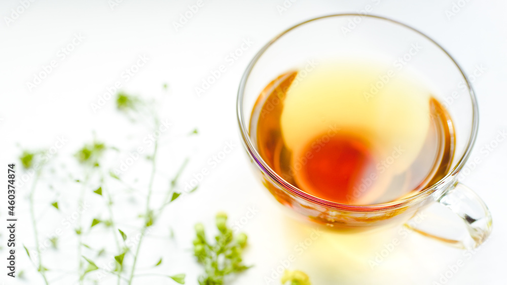 Herbal tea in a glass cup. Herbs and flowers on a white table. Herbal tea in a glass cup. Herbs and flowers on a white table.