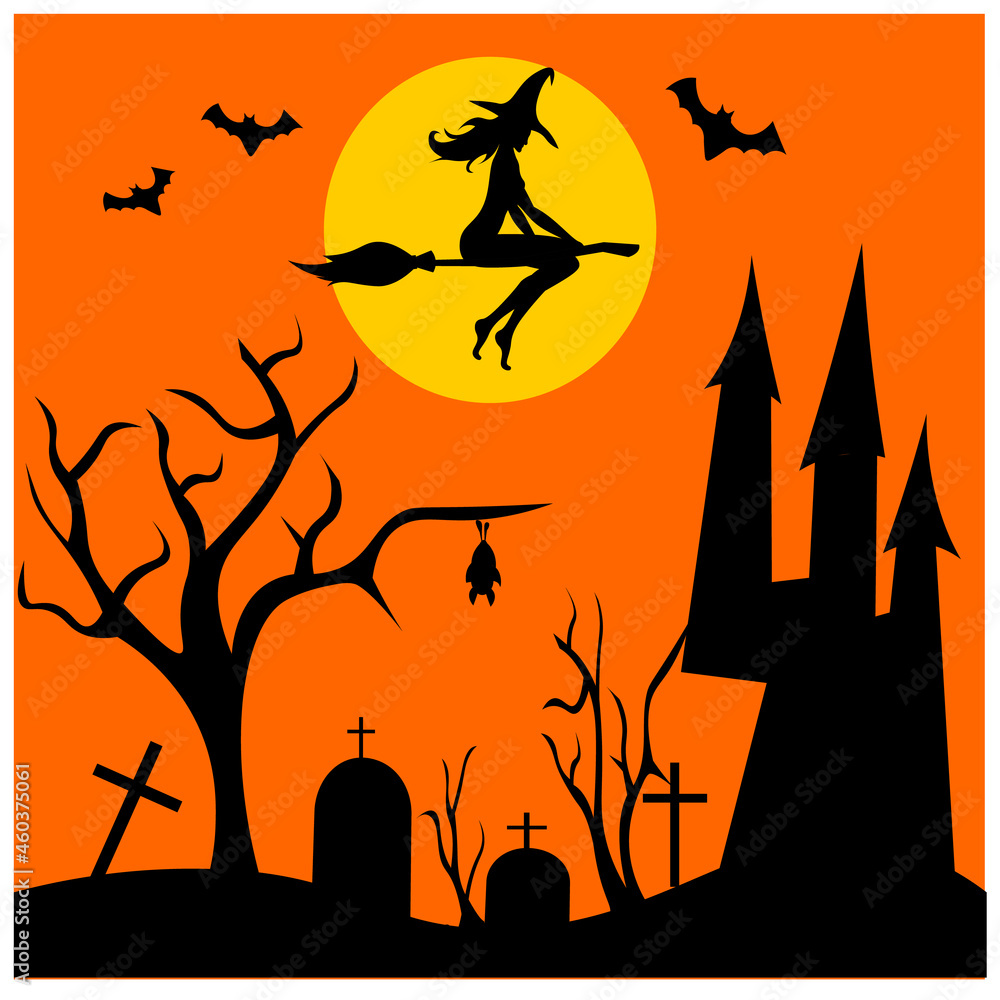 Halloween landscape. The witch flies on a broomstick against the background of the moon over a gloomy cemetery and castle