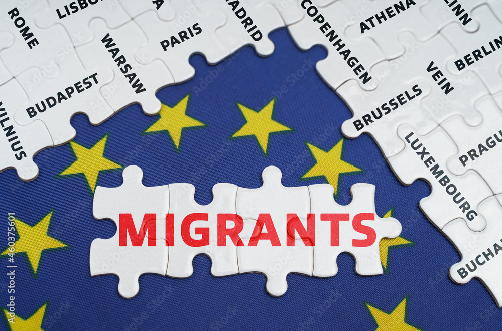 Fototapeta premium The EU flag has city name puzzles and puzzles with the words - migrants