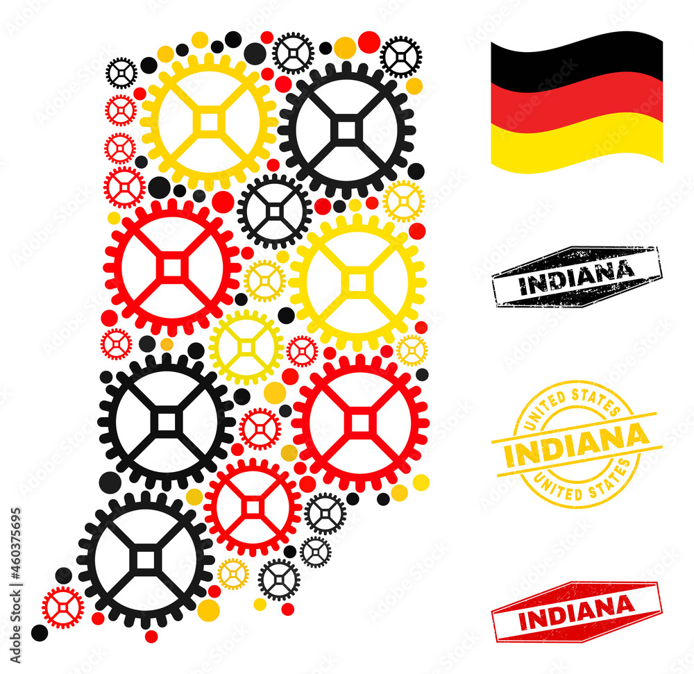 Service Indiana State map mosaic and stamps. Vector collage is formed with service items in various sizes, and German flag official colors - red, yellow, black. Service Indiana State map mosaic and stamps. Vector collage is formed with service items in various sizes, and German flag official colors - red, yellow, black.