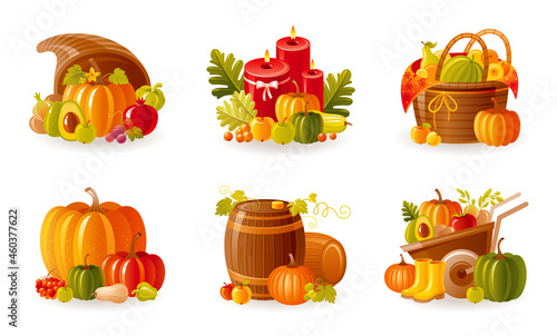 Harvest autumn vector set. Thanksgiving pumpkin, fall basket, cornucopia plenty horn, fruit barrow, barrel, candle art. Isolated cartoon harvest illustration. Cute autumn farm icon on white background
