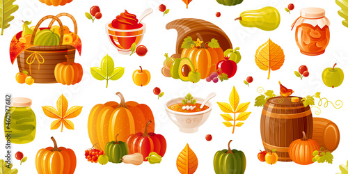 Harvest autumn seamless vector pattern. Thanksgiving pattern - pumpkin, fall basket, cornucopia plenty horn, fruit candle. Isolated cartoon harvest illustration. Cute autumn farm wallpaper background