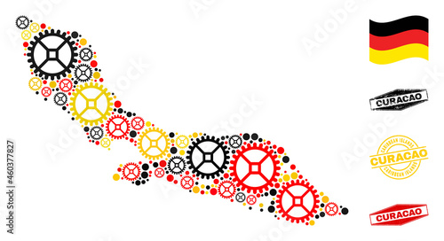 Repair service Curacao Island map collage and stamps. Vector collage is created from industrial icons in various sizes, and Germany flag official colors - red, yellow, black.
