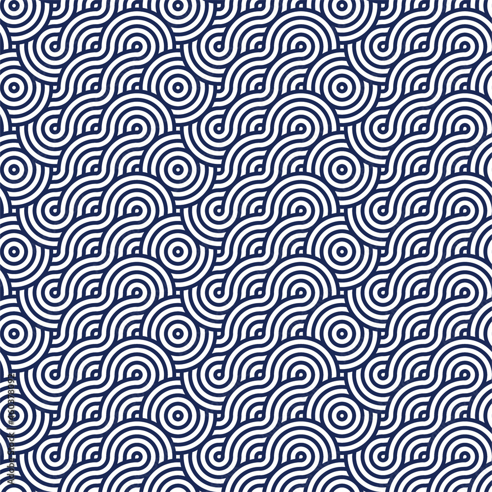 Japanese pattern white swirl line on dark blue background, Wave pattern Japanese retro style, Cloth pattern in dark blue and white curve line, Abstract wave pattern on dark blue and white color