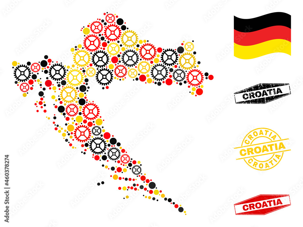 Repair workshop Croatia map collage and stamps. Vector collage is formed with industrial icons in different sizes, and German flag official colors - red, yellow, black.