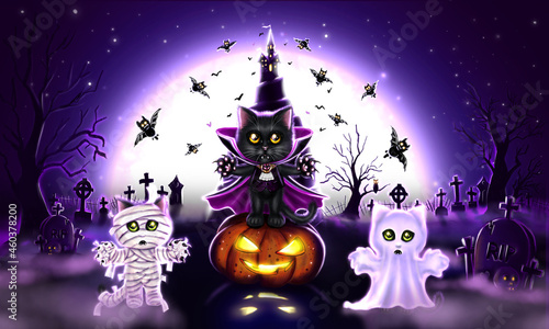 Halloween black cats dracula, mummy and ghost on the background of the night sky with a big moon, castle and cemetery horizontal format
