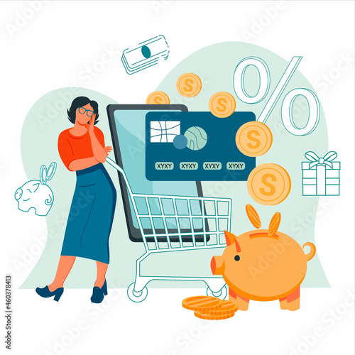 Woman receiving online cashback bonus for her purchases in internet store, flat vector illustration isolated on white background. Loyal customer attraction and reward program.