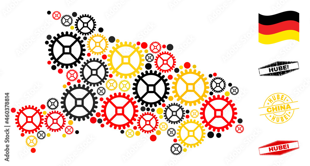 Repair workshop Hubei Province map collage and stamps. Vector collage designed with industrial elements in variable sizes, and German flag official colors - red, yellow, black. Repair workshop Hubei Province map collage and stamps. Vector collage designed with industrial elements in variable sizes, and German flag official colors - red, yellow, black.