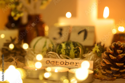 Happy Halloween holiday concept, candlelit atmosphere, autumn background postcard 