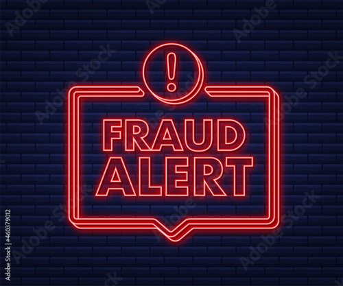 Fraud alert. Neon icon. Security Audit, Virus Scanning, Cleaning, Eliminating Malware, Ransomware Vector stock illustration.