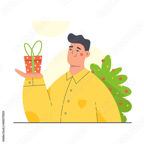 Christmas themed portrait of happy young man holding a present. Winter holidays season celebration concept. Flat character vector illustration.