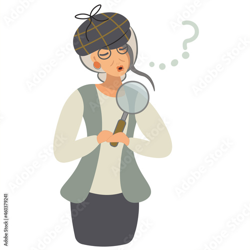 Surprised lady detective looks through a magnifying glass and cannot understand what happened. Woman in a Sherlock Holmes cap in search. Isolated vector illustrations. Vintage flat style.