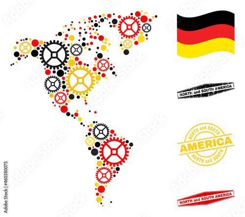 Service South and North America map collage and stamps. Vector collage is formed with service elements in different sizes, and Germany flag official colors - red, yellow, black.