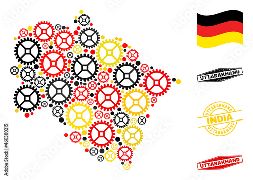 Repair workshop Uttarakhand State map composition and seals. Vector collage is created of repair workshop items in various sizes, and German flag official colors - red, yellow, black.