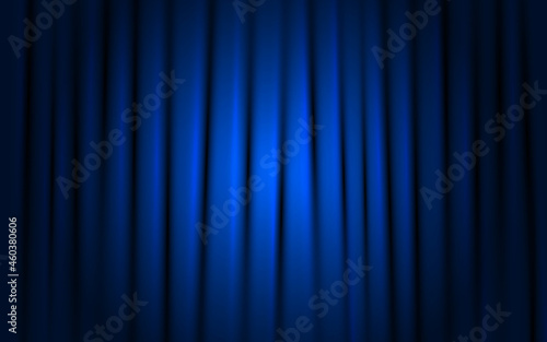 Curtain blue background. Shining stage with spotlight. Concert or theater cloth. Ceremony or cinema template. Closed dark curtain. Vector illustration