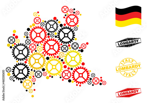 Mechanics Lombardy region map collage and seals. Vector collage is composed from clock gear elements in variable sizes  and German flag official colors - red  yellow  black.