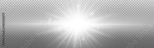 Silver light on transparent background. Glowing light effect. White realistic star with rays. Abstract flash with silver particles. Vector illustration