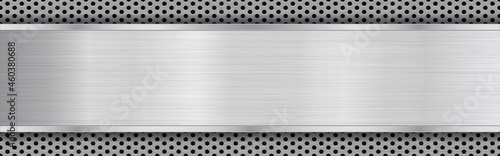 Metal plate. Wide chrome texture. Realistic steel design. Stainless background with light effect. Metal sheet with frame. Vector illustration