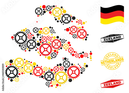 Service Zeeland Province map composition and stamps. Vector collage is formed from wheel icons in different sizes  and German flag official colors - red  yellow  black.