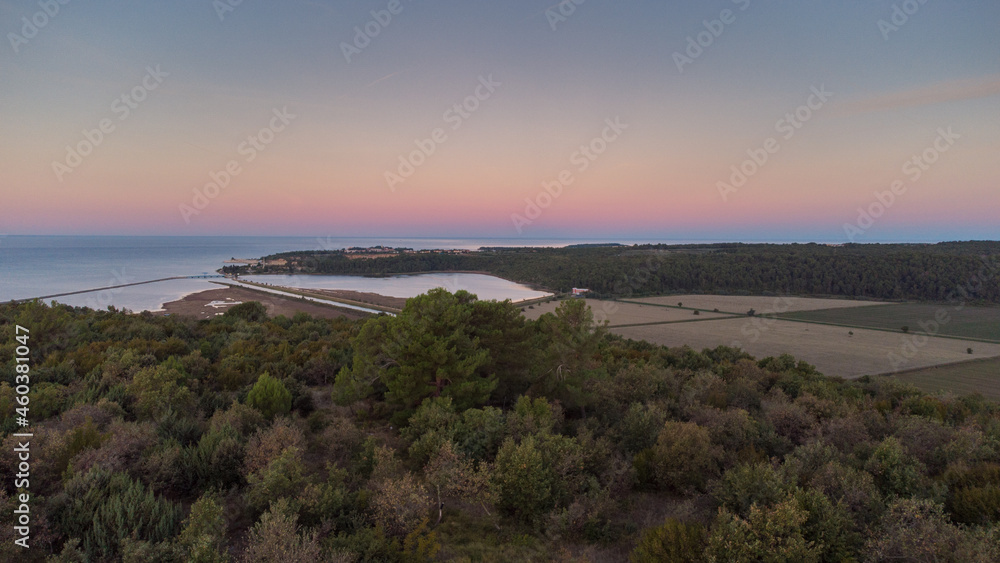 Aerial view of Tar channel in Croatia, place where Mirna river flows into Adriatic on a summer day. Panoramic view. Aerial view of Tar channel in Croatia, place where Mirna river flows into Adriatic on a summer day. Panoramic view.