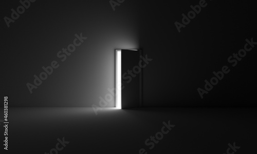 A door that opens  from room darkness to light. Symbol of opportunity  freedom  exit  future  hope. It can be used for scary scenes or spiritual connection. 