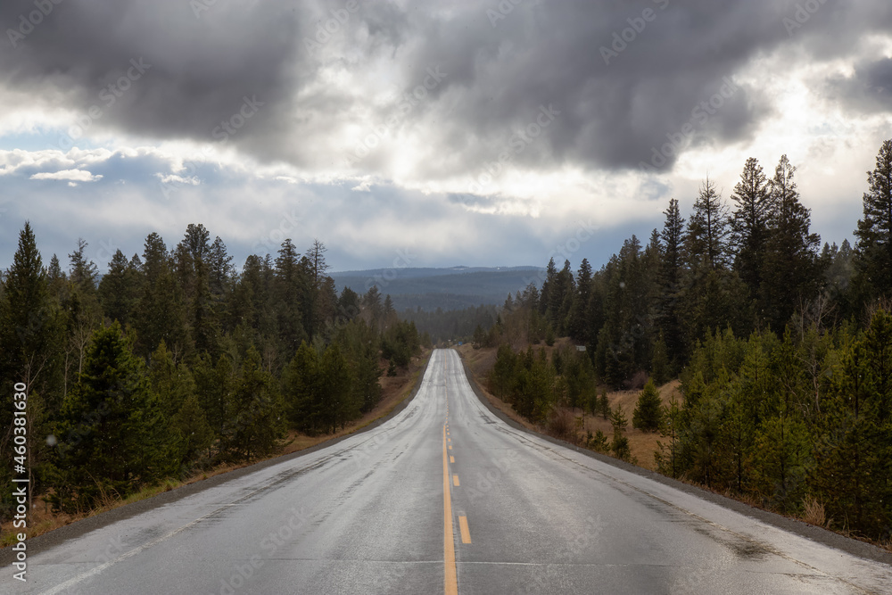 Scenic Road in the interior of British Columbia, Canada. Rainy Summer Day.